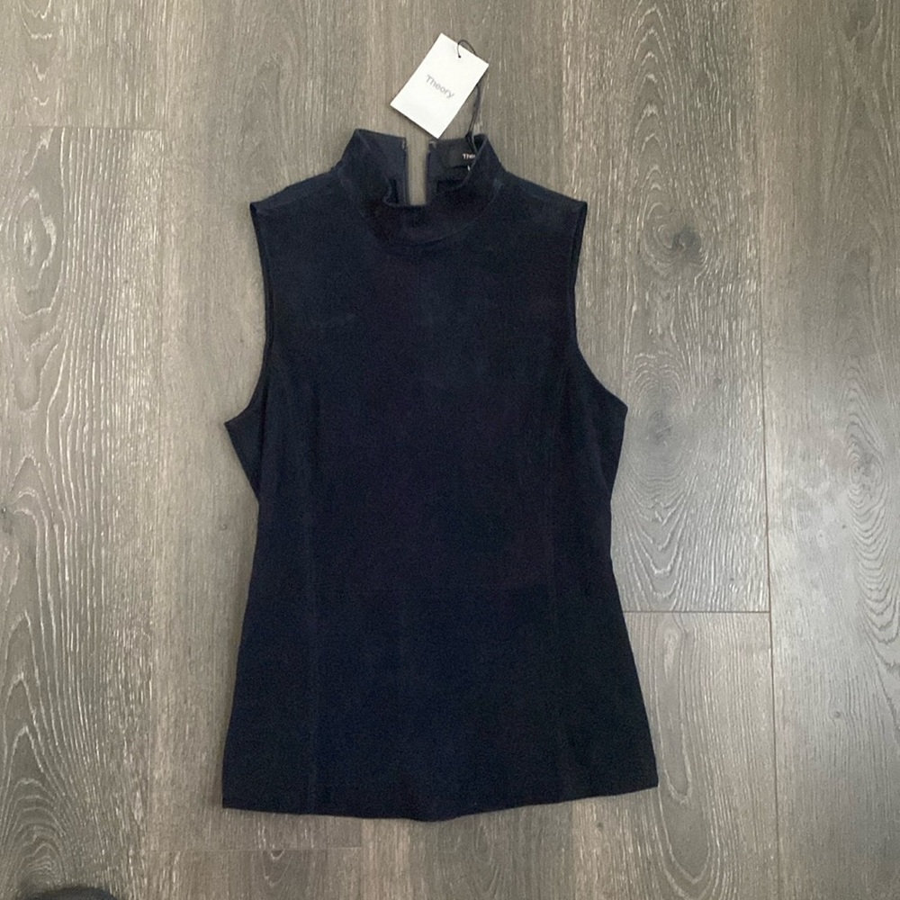 Theory Eulia Tilde Lamb Suede Top Deep Navy Women’s Luxury Leather Blouse size S - Picture 3 of 11
